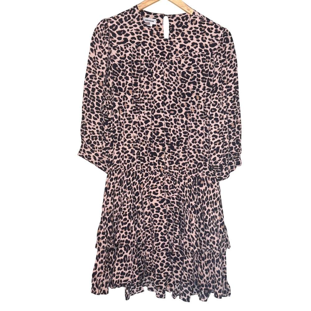 Zadig & Voltaire Leopard Print‎ Tiered Mini Dress Pink Tan Black Size S M